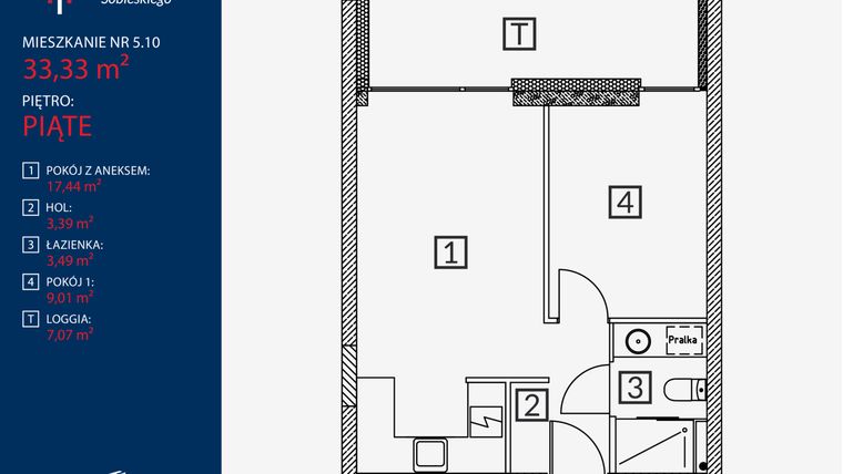 Rzut - Mieszkanie na sprzedaż 2 pokoje o powierzchni 33,33 m² - numer B2.M.5.10 w Tarasy Sobieskiego