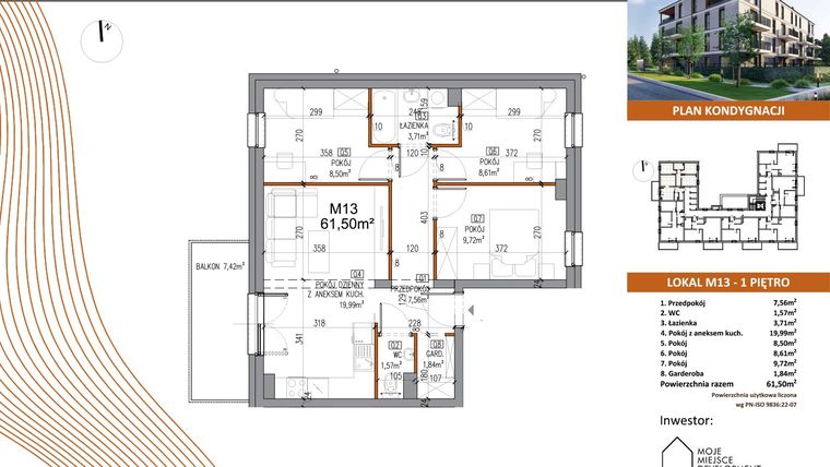 Rzut - Mieszkanie na sprzedaż 3 pokoje o powierzchni 61,5 m² - numer M13 w Villa Terra