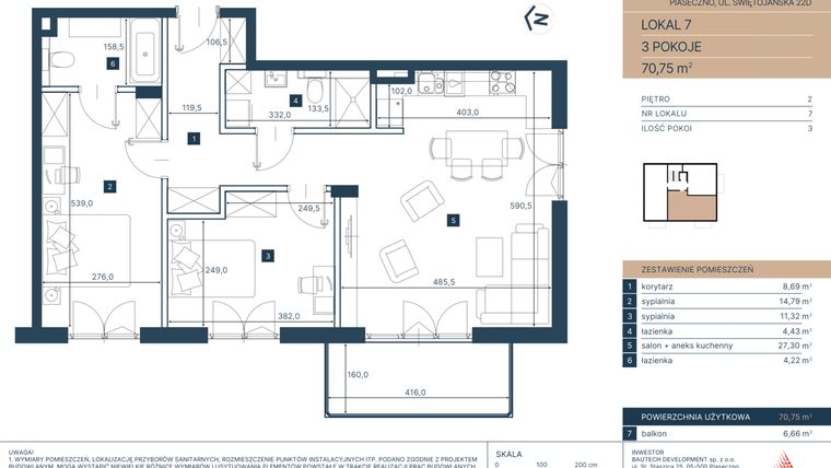 Rzut - Mieszkanie na sprzedaż 3 pokoje o powierzchni 70,75 m² - numer 7 w Classy Świętojańska
