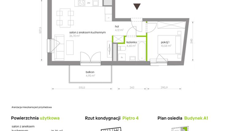 Rzut - Mieszkanie na sprzedaż 2 pokoje o powierzchni 46,05 m² - numer A1.4A19 w Bemowo Vita