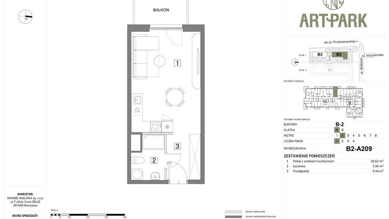 Rzut - Mieszkanie na sprzedaż 1 pokój o powierzchni 29,11 m² - numer B.2.A209 w Inhome Osiedle ArtPark etap I