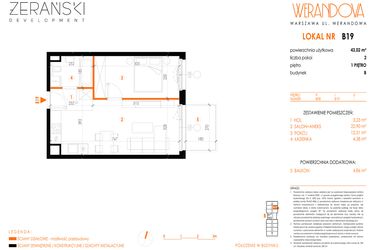 Rzut - Mieszkanie na sprzedaż 2 pokoje o powierzchni 43,02 m² - numer B19 w Werandowa