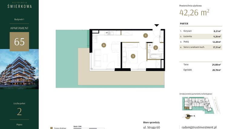 Rzut - Mieszkanie na sprzedaż 2 pokoje o powierzchni 42,26 m² - numer 65 w Rezydencja Świerkowa