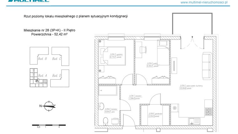 Rzut - Mieszkanie na sprzedaż 3 pokoje o powierzchni 52,42 m² - numer 28A w Dominów Rynek