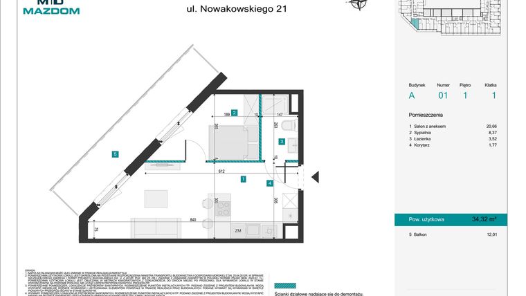 Rzut - Mieszkanie na sprzedaż 2 pokoje o powierzchni 34,32 m² - numer 1 w Błonie Vita