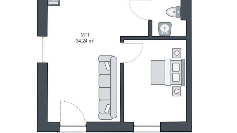 Rzut - Mieszkanie na sprzedaż 2 pokoje o powierzchni 34,24 m² - numer M11 w TARASY GĄSKI