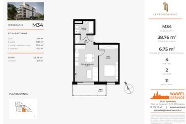 Rzut - Mieszkanie na sprzedaż 2 pokoje o powierzchni 38,76 m² - numer M34 w Łepkowskiego 11