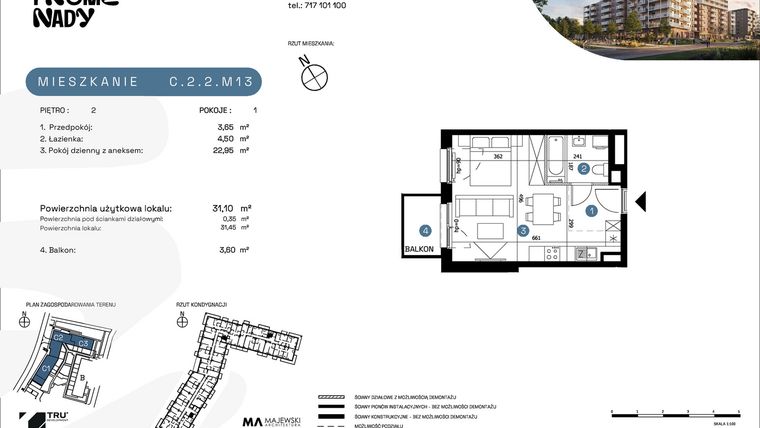 Rzut - Mieszkanie na sprzedaż 1 pokój o powierzchni 31,1 m² - numer C.2.2.M13 w Nowe Promenady etap II