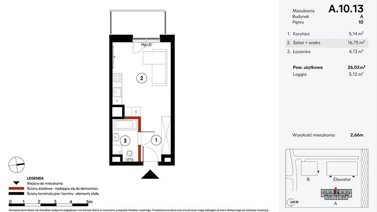 Rzut - Mieszkanie na sprzedaż 1 pokój o powierzchni 26,02 m² - numer A.10.13 w Elewator - Mieszkania i Lofty
