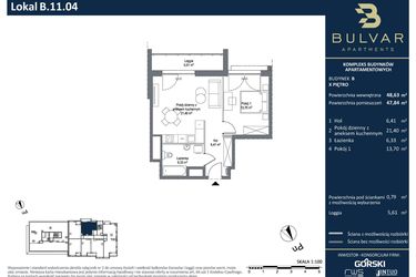 Rzut - Mieszkanie na sprzedaż 2 pokoje o powierzchni 47,84 m² - numer B.11.04 w Bulvar Apartments - etap II