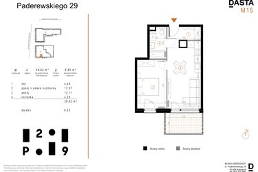 Rzut - Mieszkanie na sprzedaż 2 pokoje o powierzchni 38,82 m² - numer B15 w Paderewskiego 29
