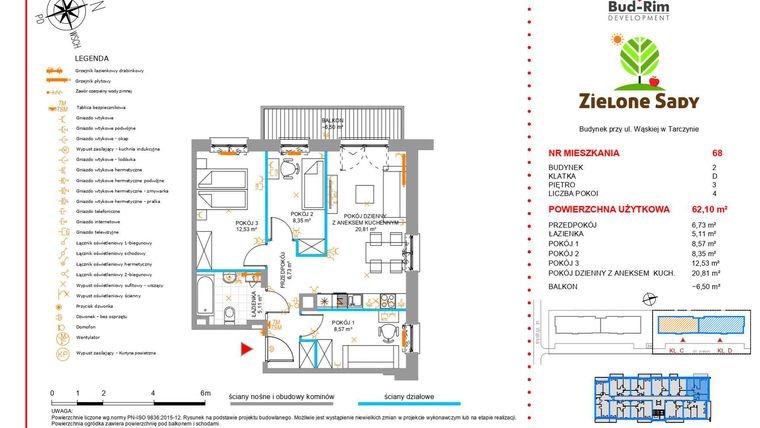 Rzut - Mieszkanie na sprzedaż 4 pokoje o powierzchni 62,1 m² - numer 68 w Zielone Sady etap II
