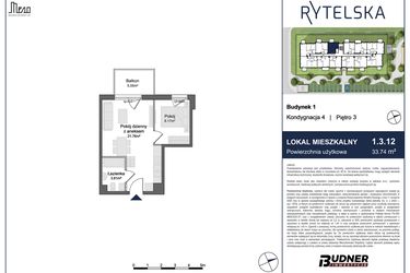 Rzut - Mieszkanie na sprzedaż 2 pokoje o powierzchni 33,74 m² - numer 1.3.12 w Rytelska