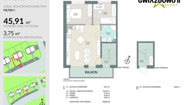 Rzut - Mieszkanie na sprzedaż 3 pokoje o powierzchni 49,66 m² - numer D5.2 w Gwiazdowo II