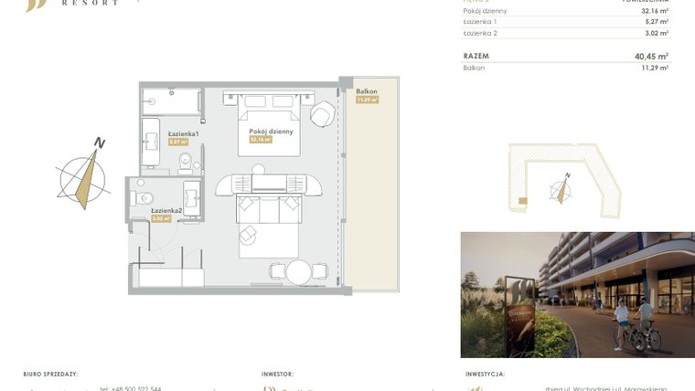 Rzut - Mieszkanie na sprzedaż 1 pokój o powierzchni 40,45 m² - numer H.2.15 w Harmony Resort