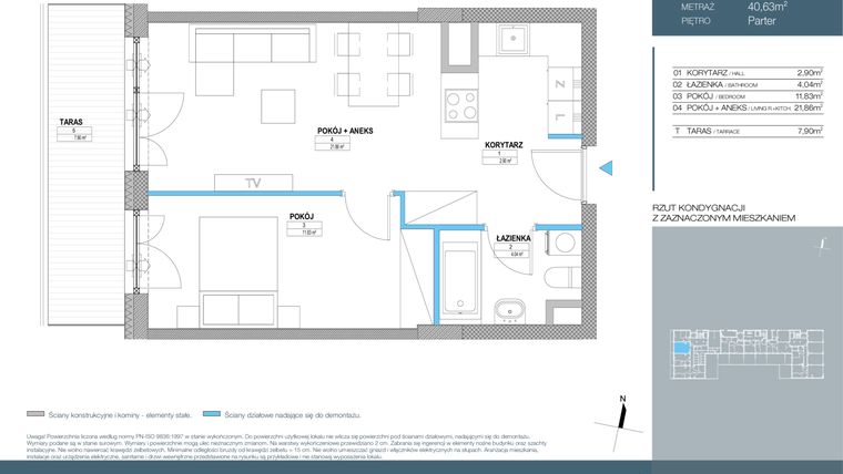 Rzut - Mieszkanie na sprzedaż 2 pokoje o powierzchni 40,63 m² - numer A-12 w Nordic Mokotów etap III