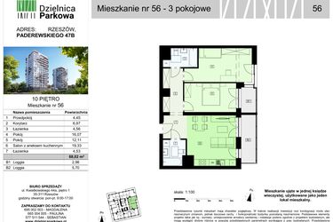 Rzut - Mieszkanie na sprzedaż 3 pokoje o powierzchni 68,02 m² - numer 56/B7 w Dzielnica Parkowa VII