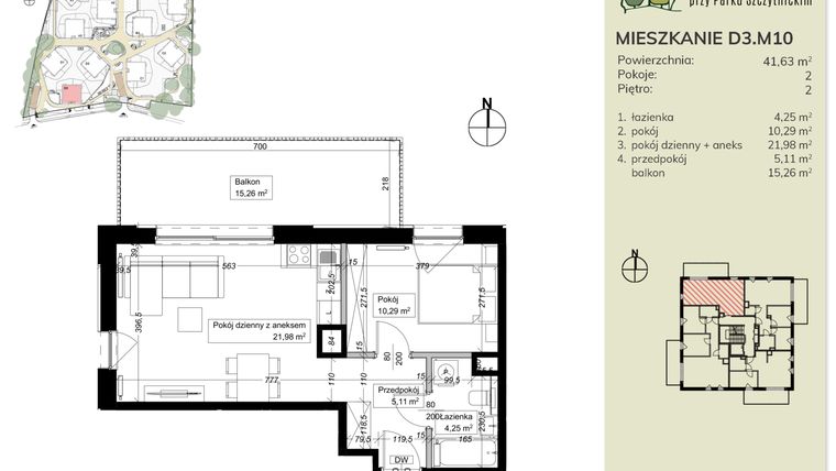 Rzut - Mieszkanie na sprzedaż 2 pokoje o powierzchni 41,63 m² - numer D3.M10 w Apartamenty przy Parku Szczytnickim