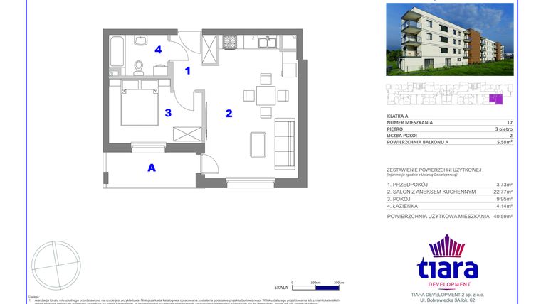 Rzut - Mieszkanie na sprzedaż 2 pokoje o powierzchni 40,59 m² - numer 17 w Osiedle Janowiecka