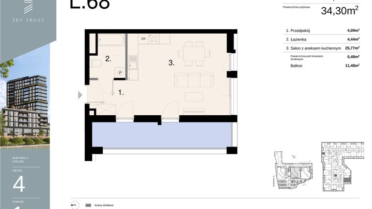Rzut - Mieszkanie na sprzedaż 1 pokój o powierzchni 34,78 m² - numer L68 w Sky Trust etap II - apartamenty inwestycyjne 23% VAT PRS