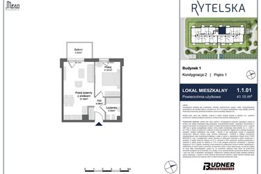 Rzut - Mieszkanie na sprzedaż 2 pokoje o powierzchni 41,15 m² - numer 1.1.01 w Rytelska