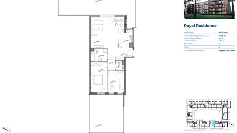 Rzut - Mieszkanie na sprzedaż 3 pokoje o powierzchni 72,56 m² - numer RR/5/H/0/5 w Royal Residence 5