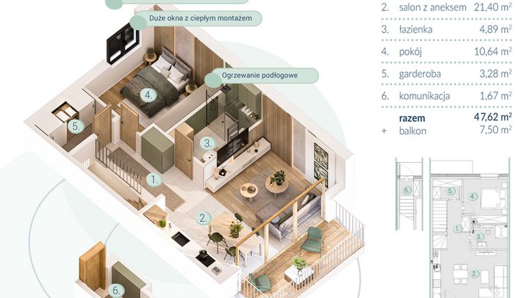 Rzut - Mieszkanie na sprzedaż 2 pokoje o powierzchni 47,62 m² - numer B.2.2 w Enklawa