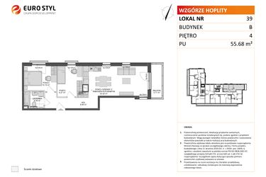 Rzut - Mieszkanie na sprzedaż 3 pokoje o powierzchni 55,68 m² - numer B.39 w Wzgórze Hoplity etap II