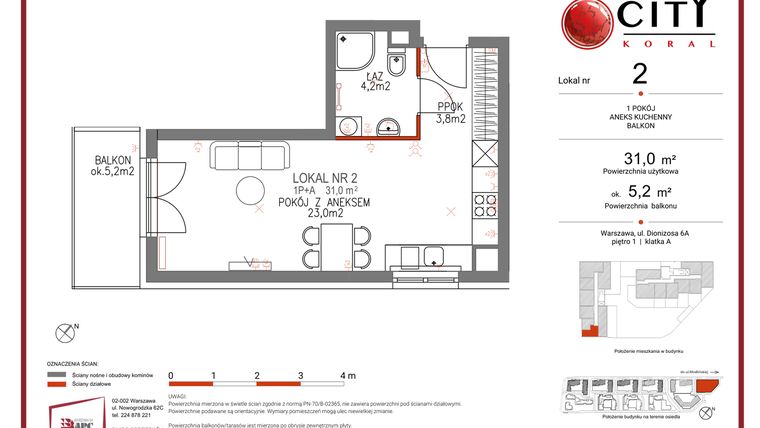 Rzut - Mieszkanie na sprzedaż 1 pokój o powierzchni 31 m² - numer 2 w Comfort City Koral