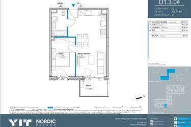 Rzut - Mieszkanie na sprzedaż 2 pokoje o powierzchni 42,77 m² - numer D1.3.04 w Nordic Bemowo - etap IV