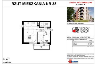 Rzut - Mieszkanie na sprzedaż 2 pokoje o powierzchni 49,12 m² - numer A.38 w Wólczańska 248 - etap II