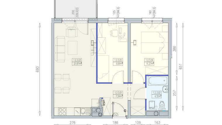 Rzut - Mieszkanie na sprzedaż 3 pokoje o powierzchni 54,48 m² - numer K1 1/2/3/3a w Południk 17 - budynek K1