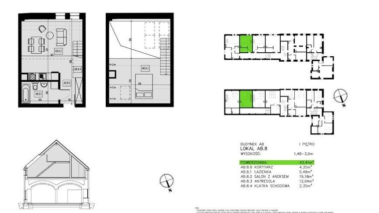 Rzut - Mieszkanie na sprzedaż 2 pokoje o powierzchni 43,22 m² - numer AB.8 w Pawia od Nowa