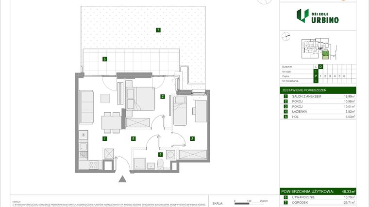 Rzut - Mieszkanie na sprzedaż 3 pokoje o powierzchni 48,33 m² - numer 2.2.D.1 w Osiedle Urbino etap II