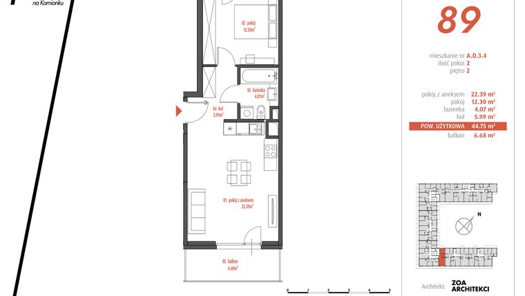 Rzut - Mieszkanie na sprzedaż 2 pokoje o powierzchni 44,75 m² - numer AD3.4 w PUR