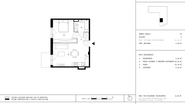 Rzut - Mieszkanie na sprzedaż 2 pokoje o powierzchni 42,46 m² - numer A9.25 w Dzikiej Jabłoni 6A