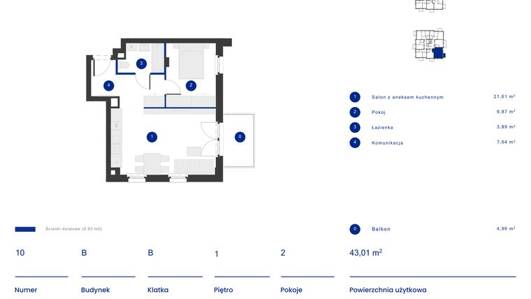Rzut - Mieszkanie na sprzedaż 2 pokoje o powierzchni 43,01 m² - numer B.10 w Osiedle Inverso