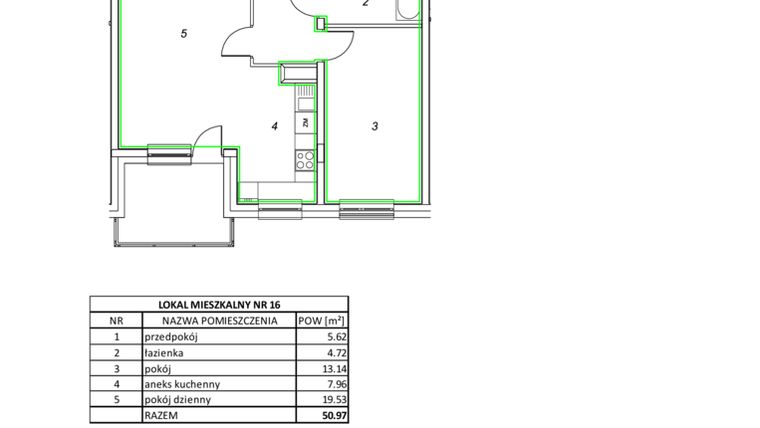 Rzut - Mieszkanie na sprzedaż 2 pokoje o powierzchni 50,97 m² - numer 16 w Nowa Pszczelna