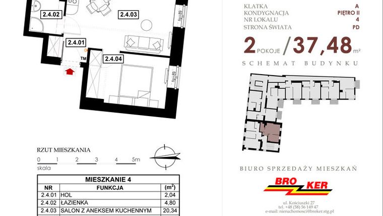 Rzut - Mieszkanie na sprzedaż 2 pokoje o powierzchni 37,48 m² - numer A4 w Moderato I