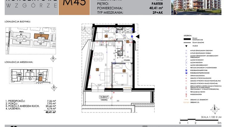 Rzut - Mieszkanie na sprzedaż 2 pokoje o powierzchni 40,41 m² - numer C1_M45 w Koncertowe Wzgórze etap II