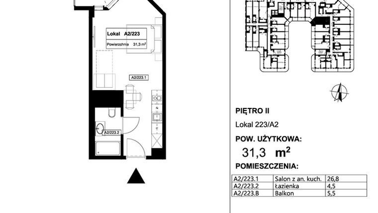 Rzut - Mieszkanie na sprzedaż 1 pokój o powierzchni 31,3 m² - numer 223 w Apollo Resort