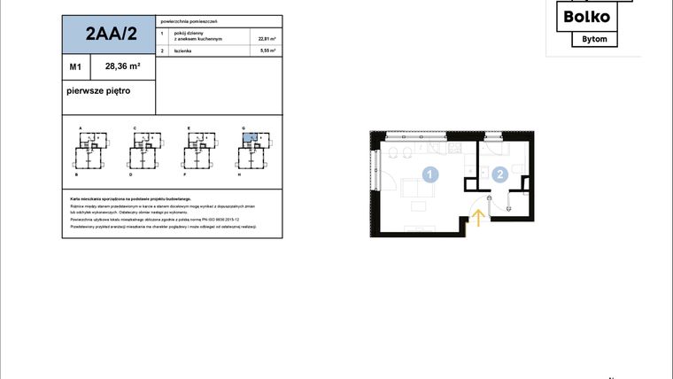 Rzut - Mieszkanie na sprzedaż 1 pokój o powierzchni 28,36 m² - numer 2AA/2 w Osiedle Bolko etap II