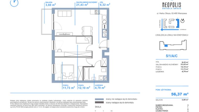 Rzut - Mieszkanie na sprzedaż 3 pokoje o powierzchni 56,37 m² - numer C.5 w Neopolis III