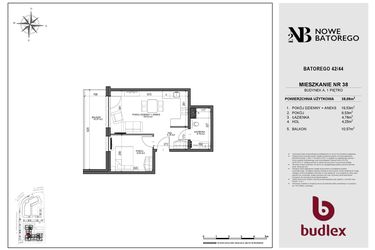 Rzut - Mieszkanie na sprzedaż 2 pokoje o powierzchni 38,09 m² - numer A38 w Nowe Batorego 2
