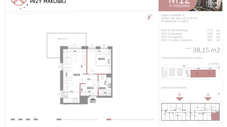 Rzut - Mieszkanie na sprzedaż 2 pokoje o powierzchni 38,15 m² - numer 12 w Przy Makowej