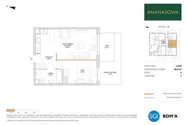 Rzut - Mieszkanie na sprzedaż 2 pokoje o powierzchni 48,87 m² - numer C.0.02 w Ananasowa