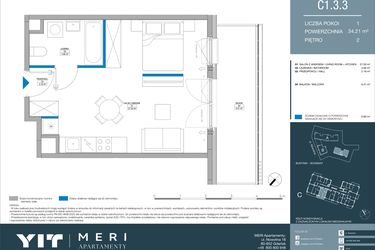 Rzut - Mieszkanie na sprzedaż 1 pokój o powierzchni 34,21 m² - numer C.1.3.3 w Meri Apartamenty