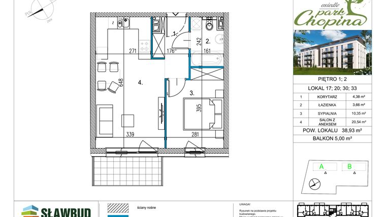 Rzut - Mieszkanie na sprzedaż 2 pokoje o powierzchni 38,93 m² - numer M-17A w Osiedle Park Chopina