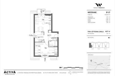 Rzut - Mieszkanie na sprzedaż 2 pokoje o powierzchni 48,37 m² - numer B1.07 w Tarasy Wierzycy