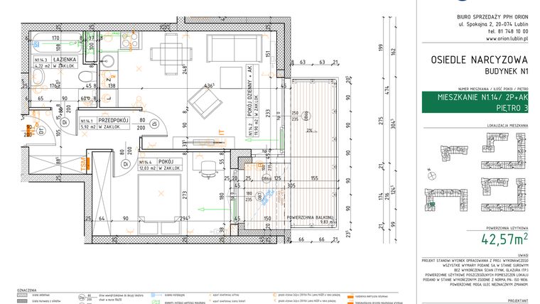Rzut - Mieszkanie na sprzedaż 2 pokoje o powierzchni 42,57 m² - numer N1.14 w Osiedle Narcyzowe etap 2